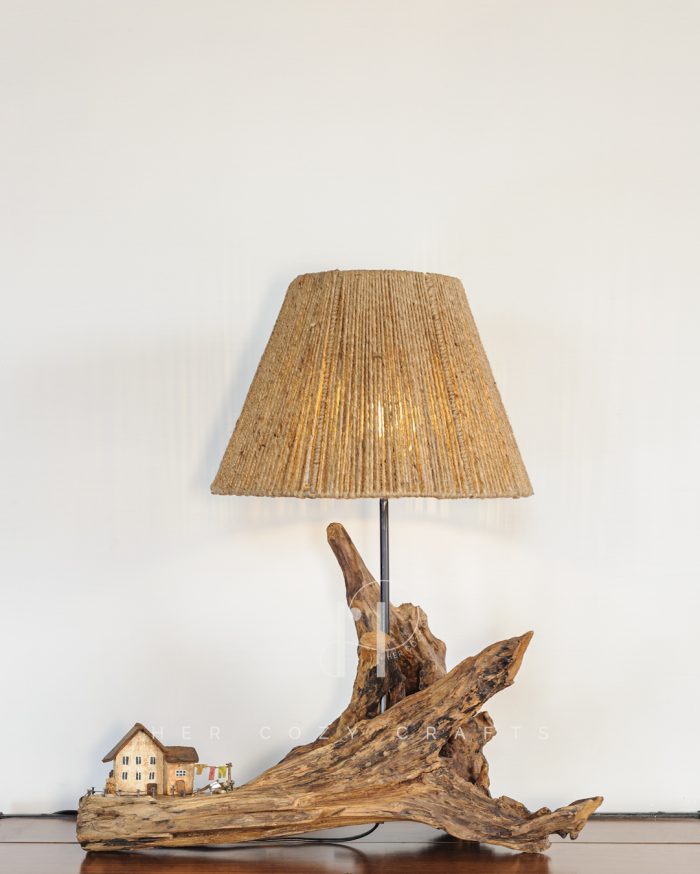 Tidal Grove Lamp — Sculpted driftwood with jute rope shade and fenced miniatures