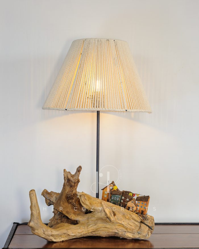 Seaside Town Lamp - Driftwood base, handmade jute shade, village detail