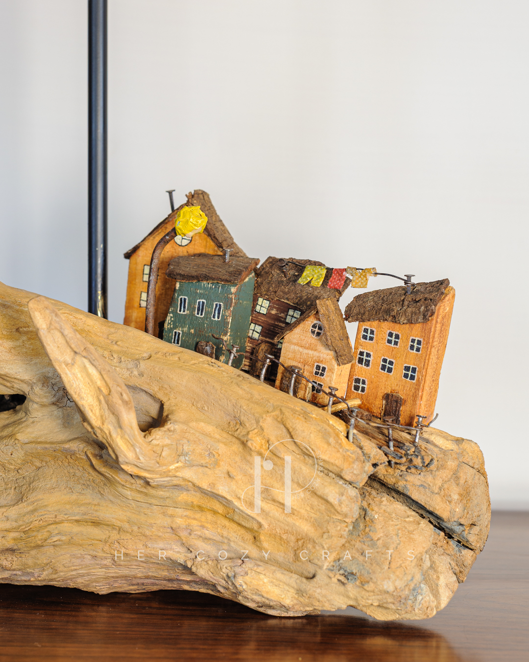 Seaside Town Lamp - Driftwood base, handmade jute shade, village detail - Image 3