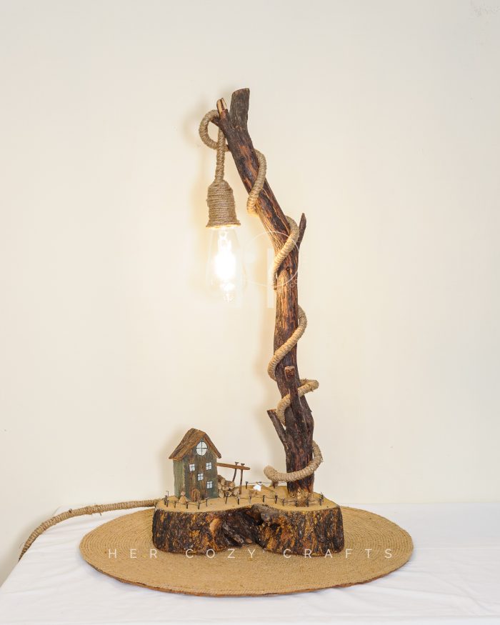 Arch Glow Lamp - Handmade Wooden Table Lamp with Hanging Bulb and Miniature Decor