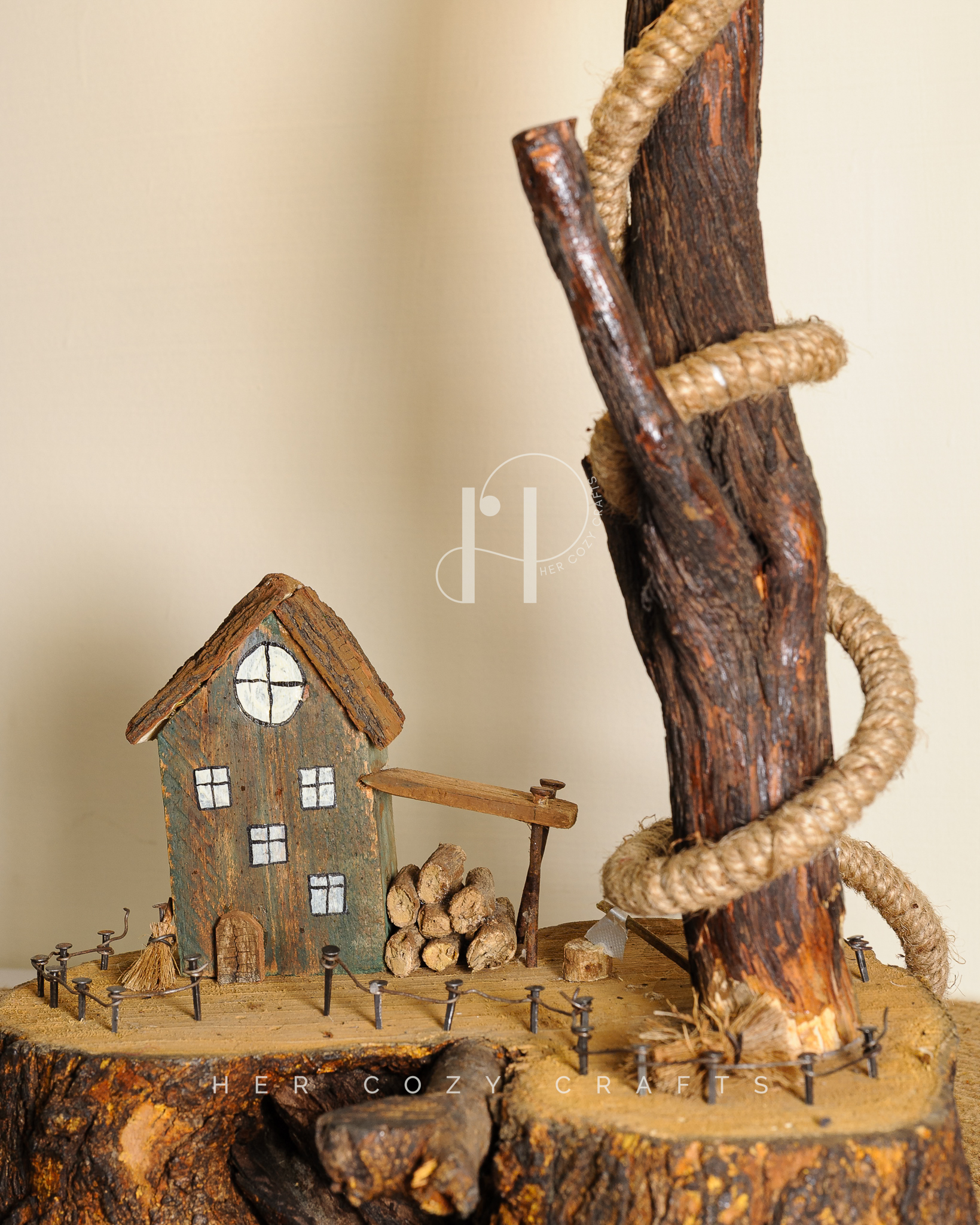 Arch Glow Lamp - Handmade Wooden Table Lamp with Hanging Bulb and Miniature Decor - Image 2