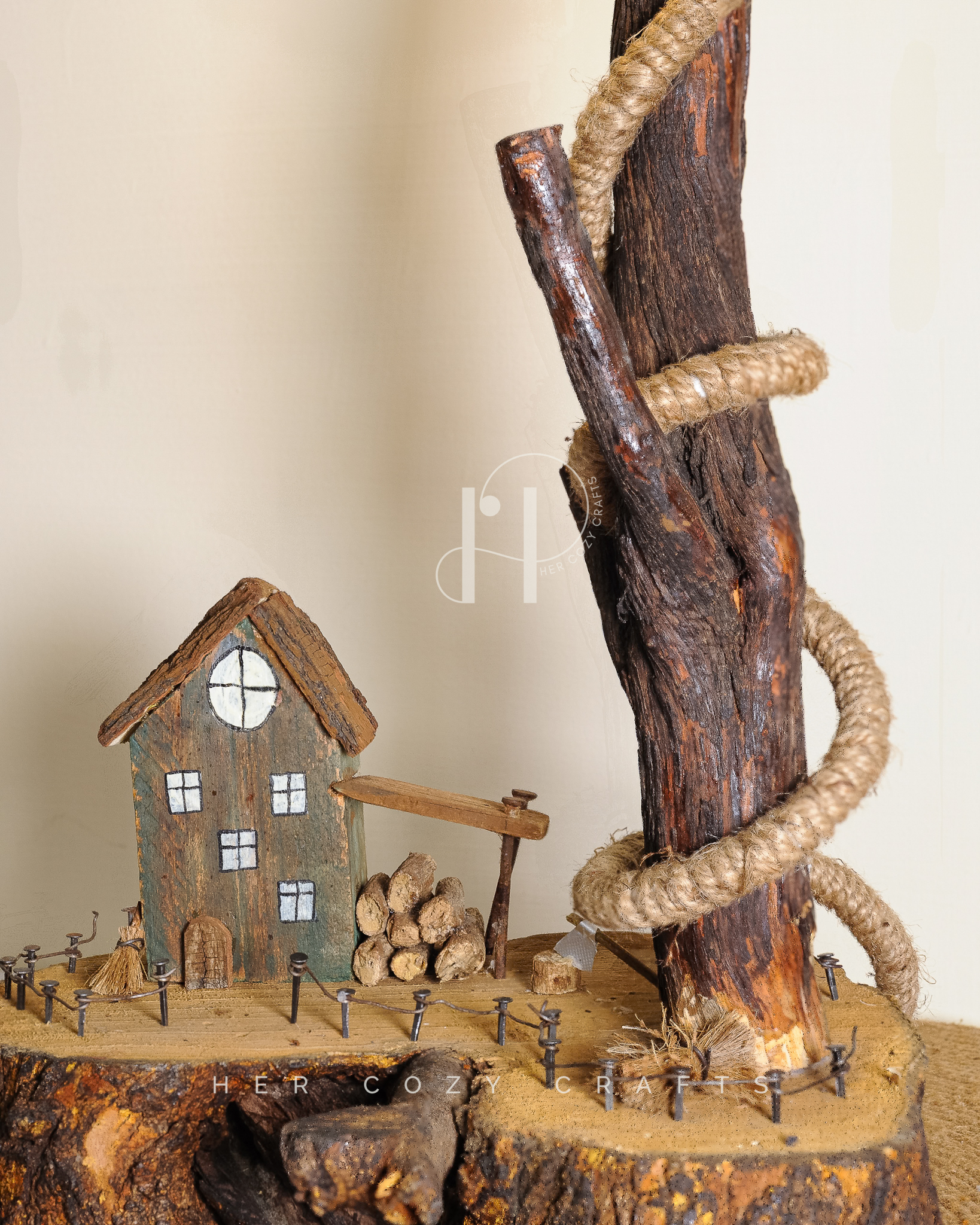 Arch Glow Lamp - Handmade Wooden Table Lamp with Hanging Bulb and Miniature Decor - Image 4