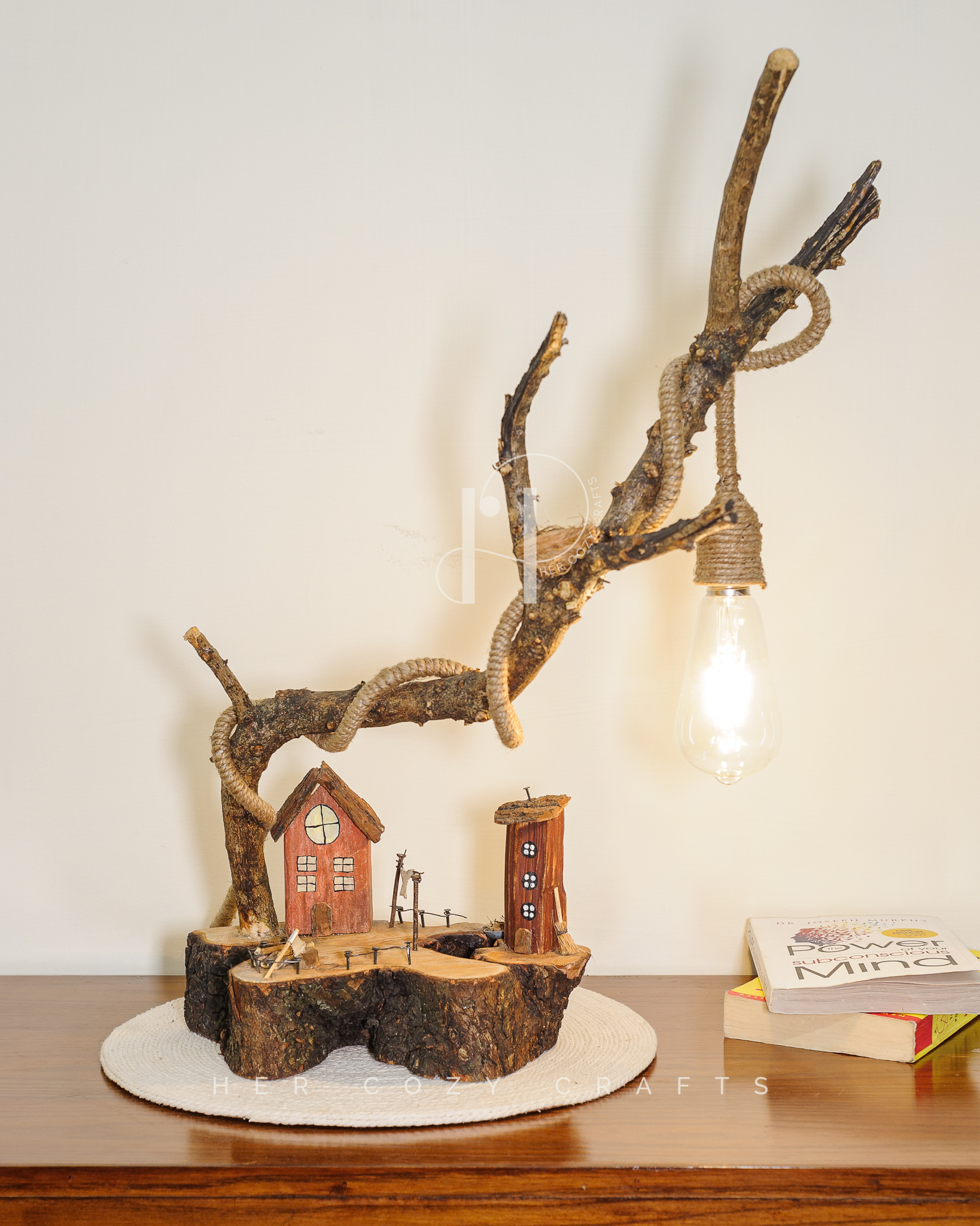 Cottage Bend Lamp - Handmade wooden table lamp with cottage scene