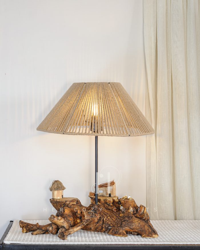 Rustic Hamlet Light - Driftwood base with twin huts and warm jute shade