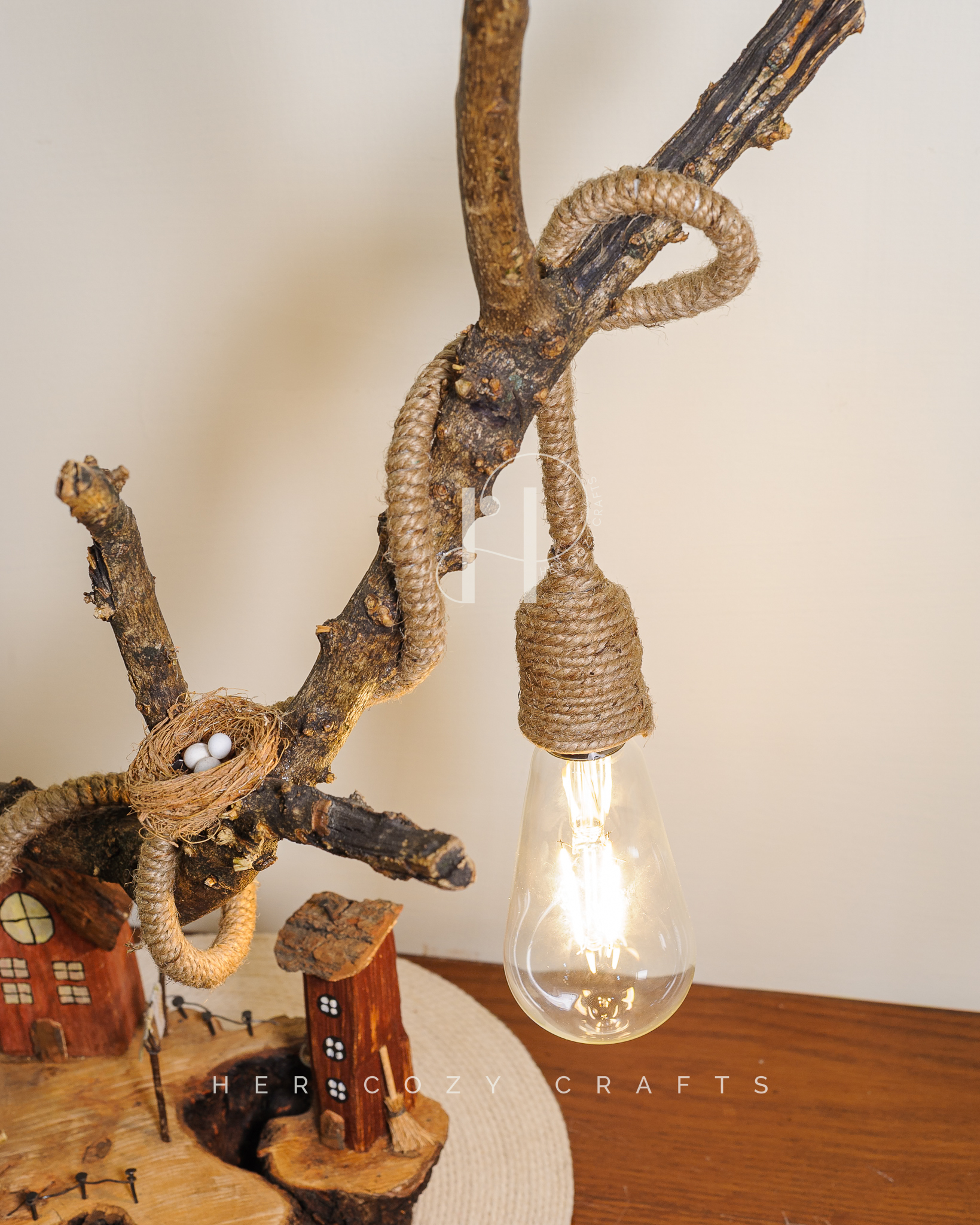 Cottage Bend Lamp - Handmade wooden table lamp with cottage scene - Image 3