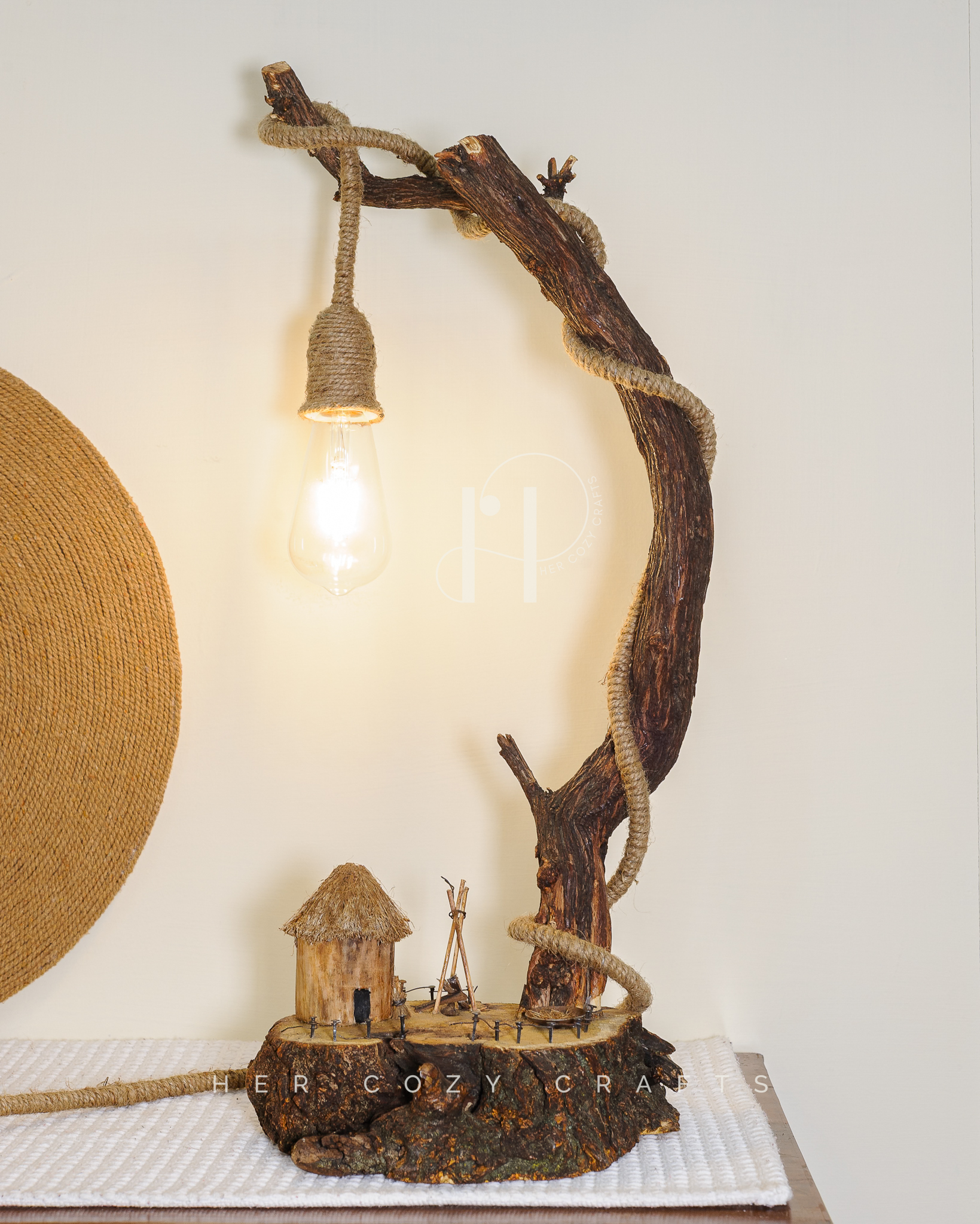 Hut Path Lamp - Wooden table lamp with hanging bulb and miniatures