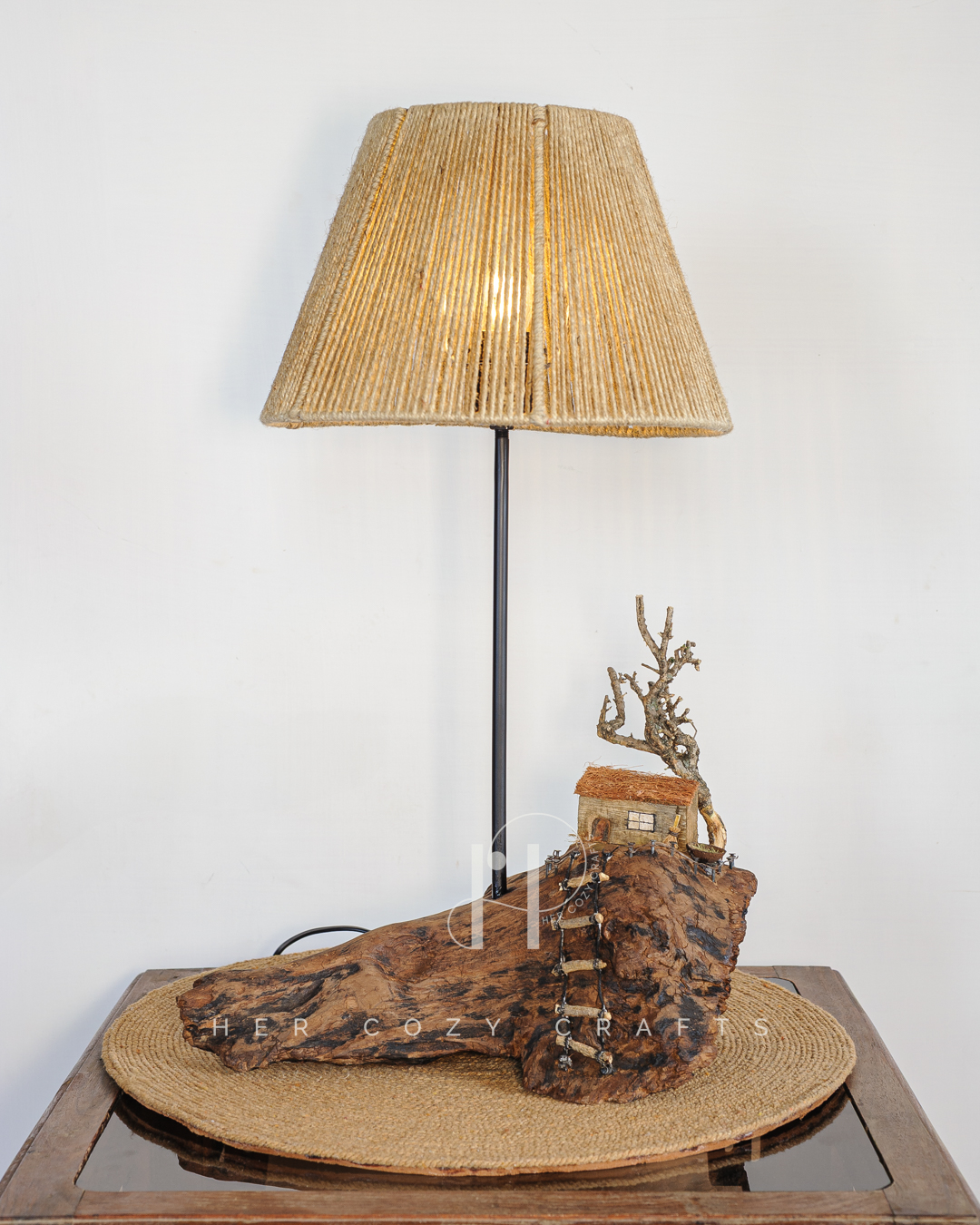 Cliffside Cottage Lamp - Cottage on cliff with jute shade and tree(Copy)