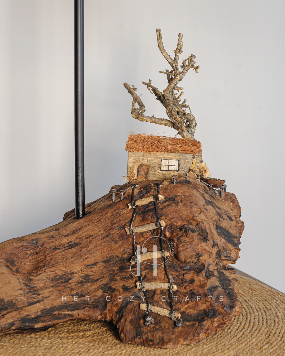 Cliffside Cottage Lamp - Cottage on cliff with jute shade and tree(Copy) - Image 2