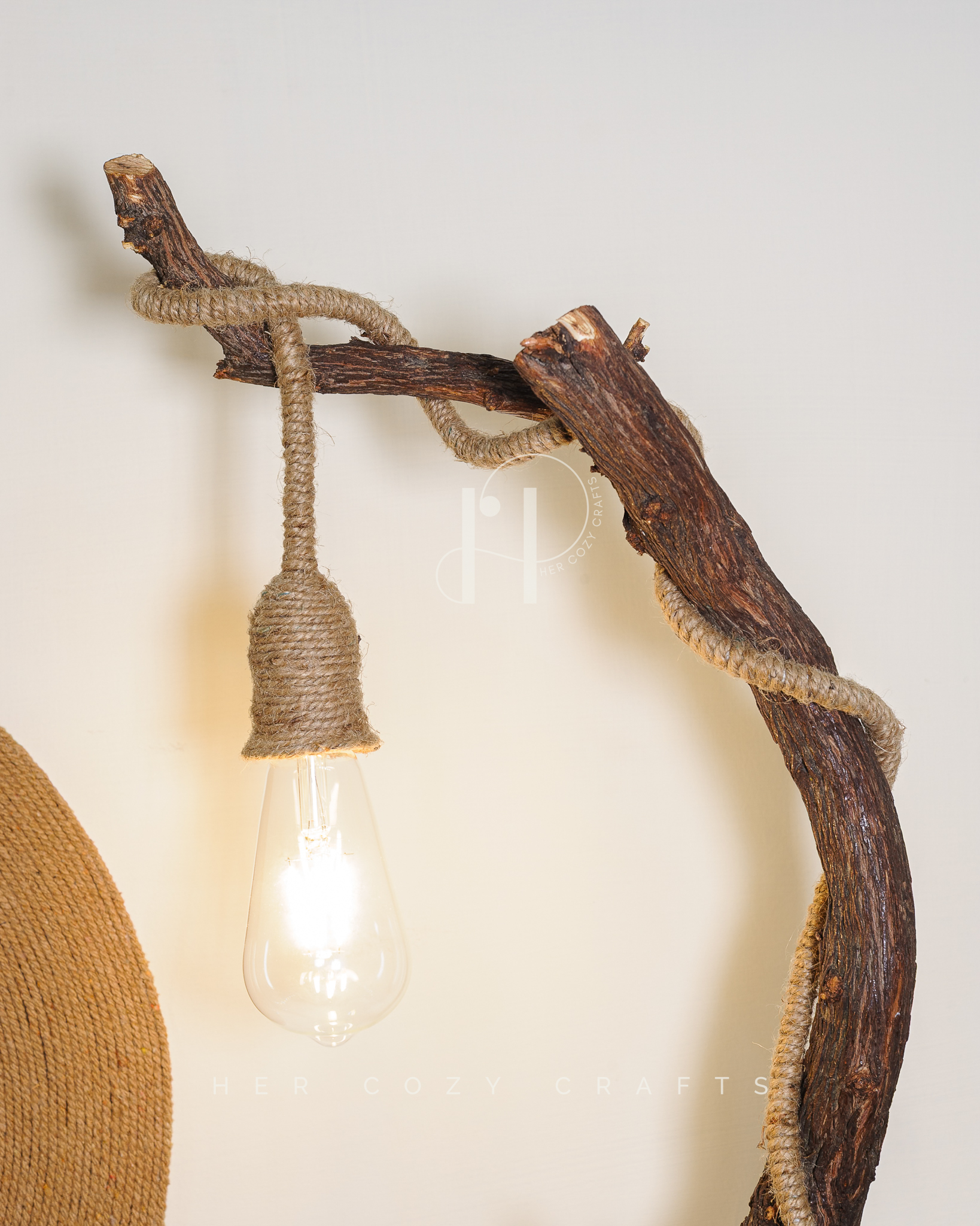 Hut Path Lamp - Wooden table lamp with hanging bulb and miniatures - Image 3