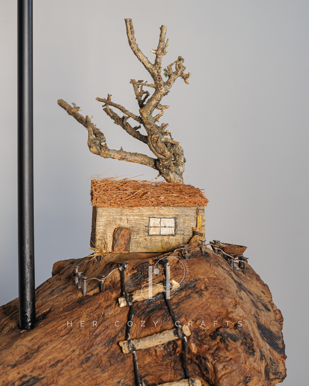 Cliffside Cottage Lamp - Cottage on cliff with jute shade and tree(Copy) - Image 3