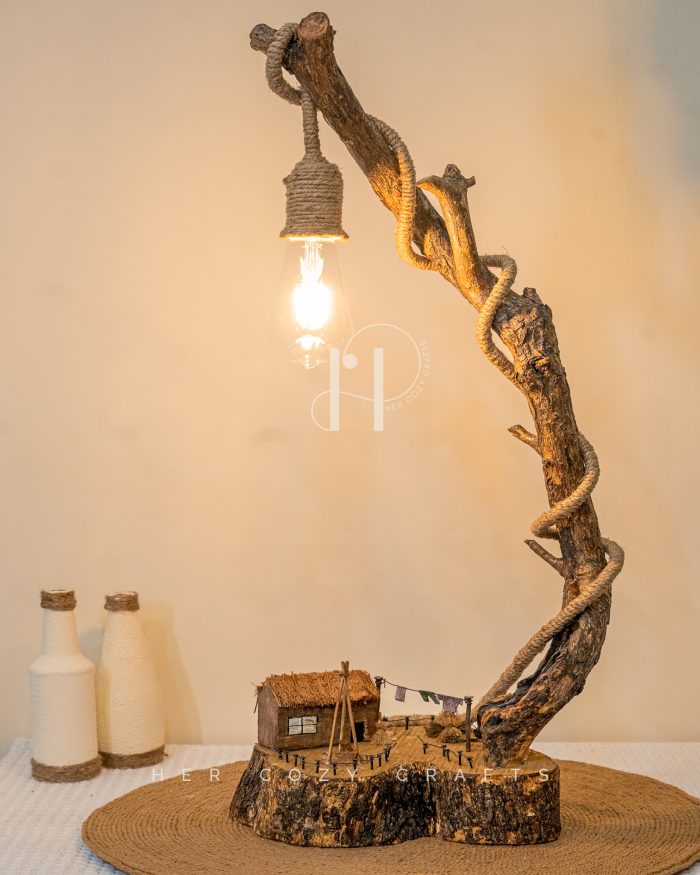 Cottage Line Lamp - Driftwood table lamp with tiny clothesline and hut
