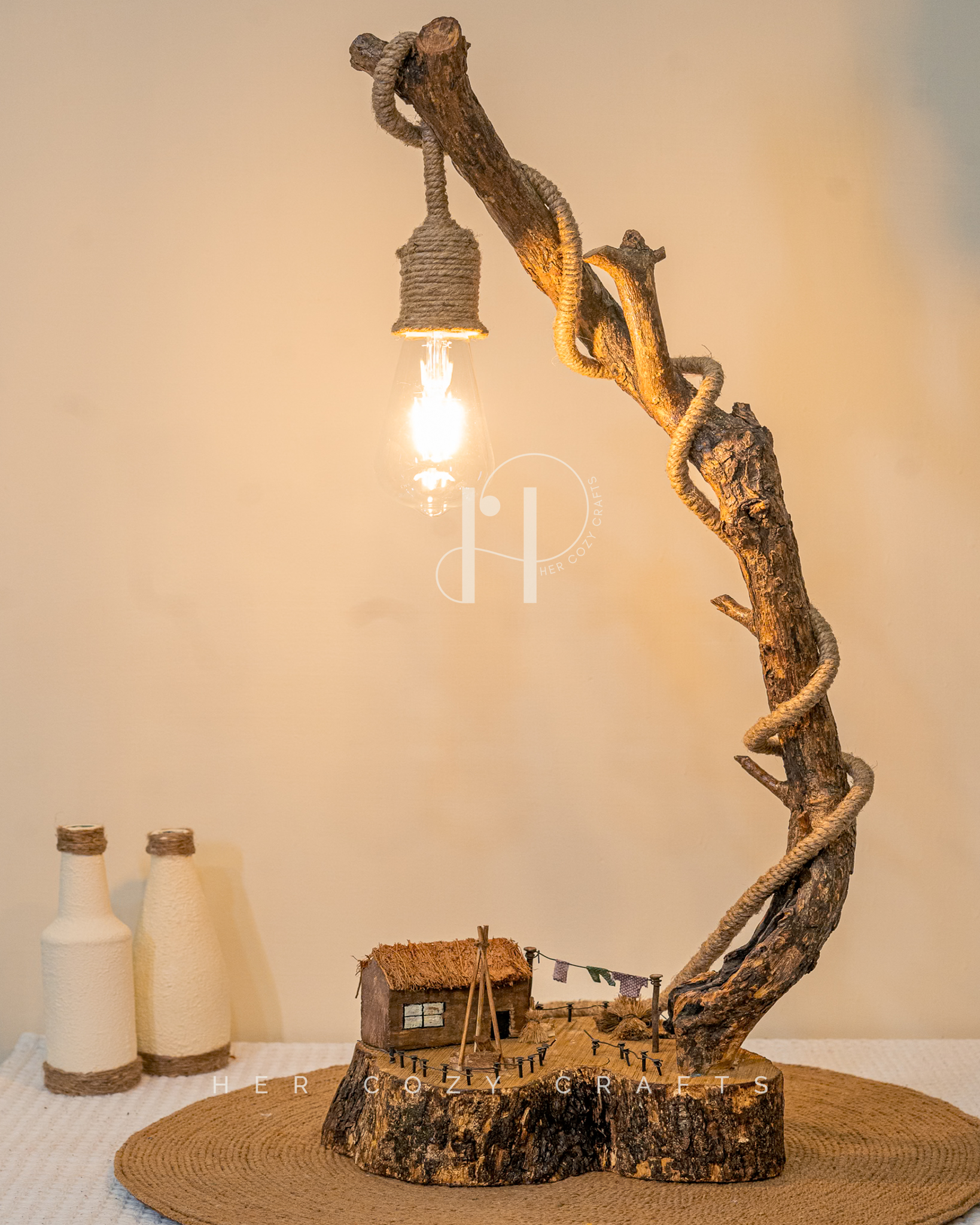 Cottage Line Lamp - Driftwood table lamp with tiny clothesline and hut