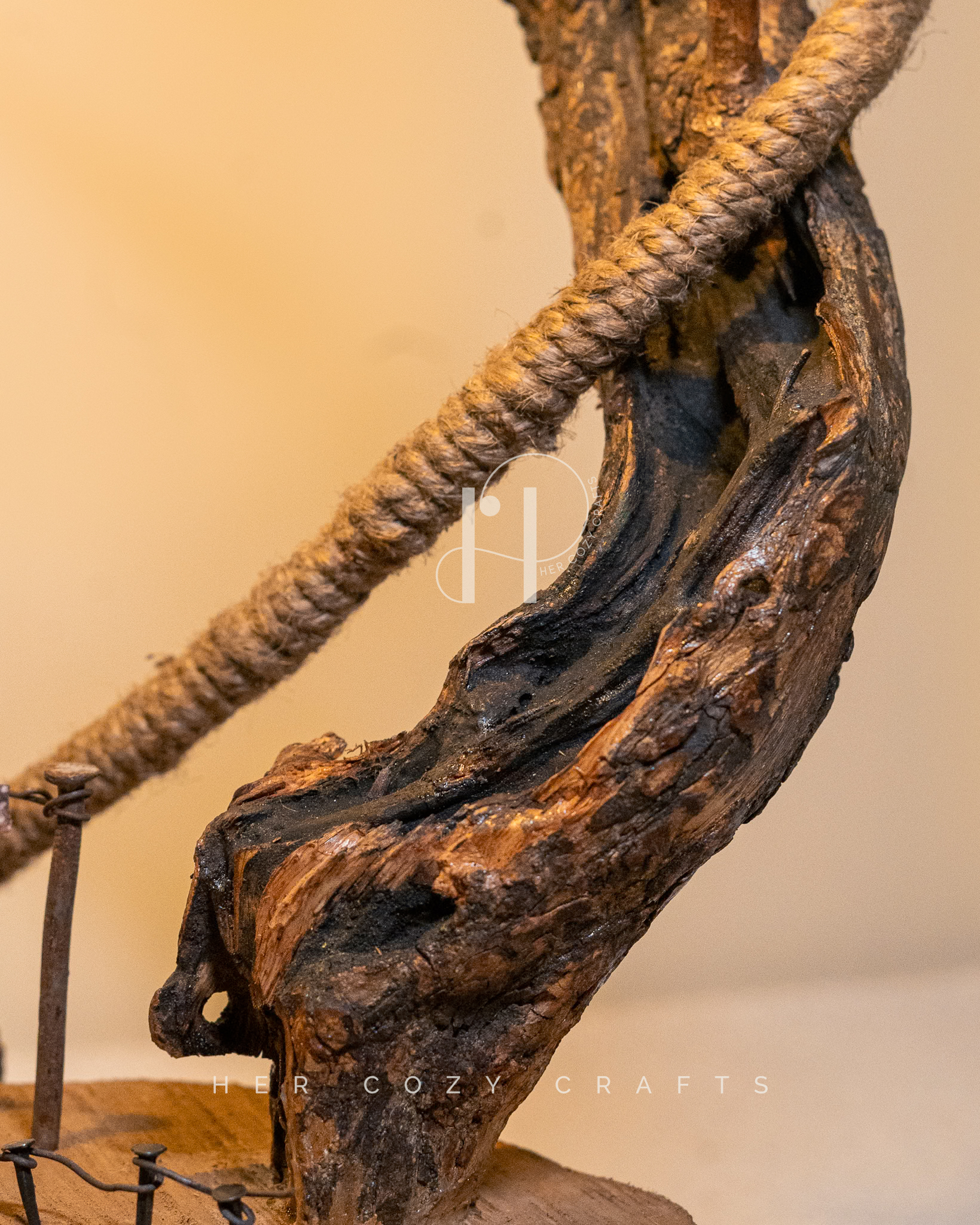 Cottage Line Lamp - Driftwood table lamp with tiny clothesline and hut - Image 4