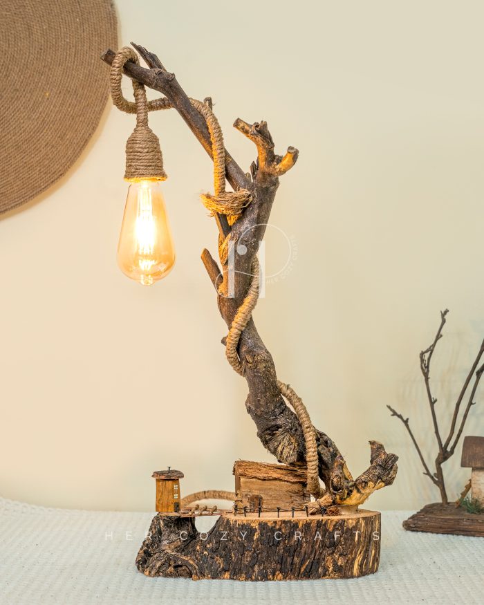 Bridge Path Lamp - Bent driftwood with cottage, fence, and footbridge