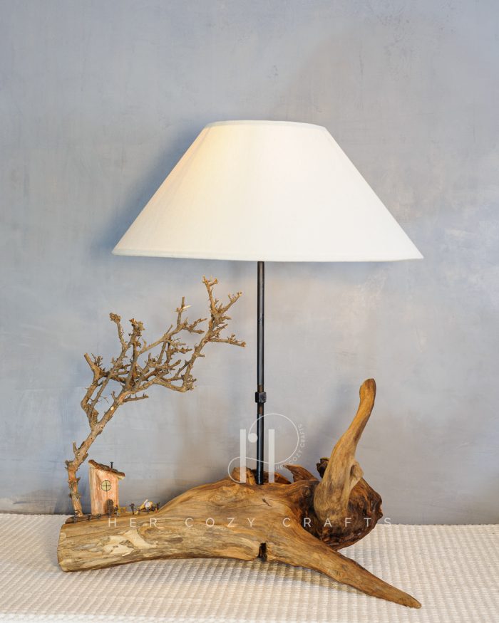 Twisted Knot Lamp - Organic driftwood base with cottage scene & wide jute shade