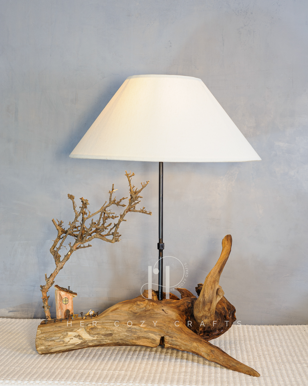 Twisted Knot Lamp - Organic driftwood base with cottage scene & wide jute shade