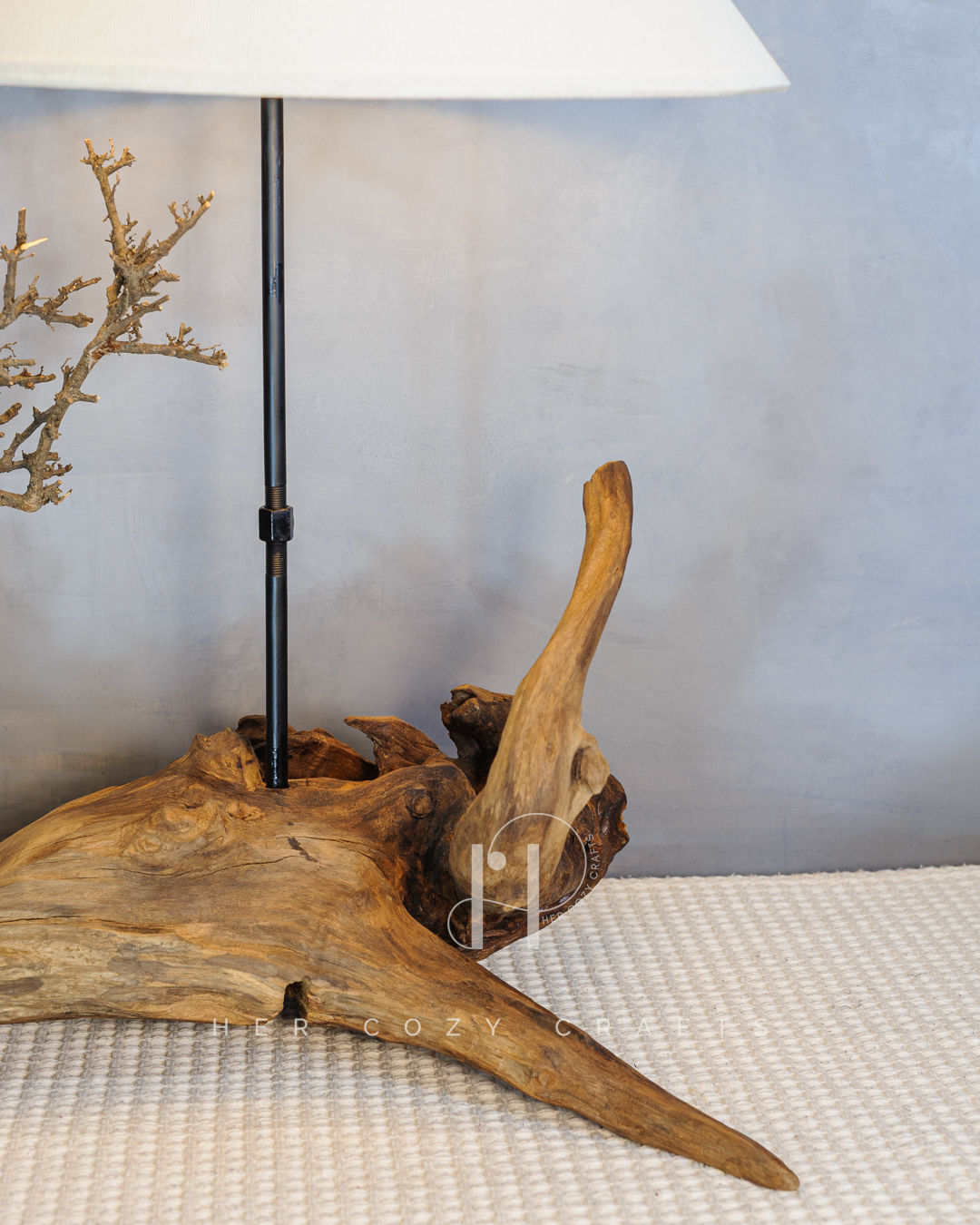 Twisted Knot Lamp - Organic driftwood base with cottage scene & wide jute shade - Image 3