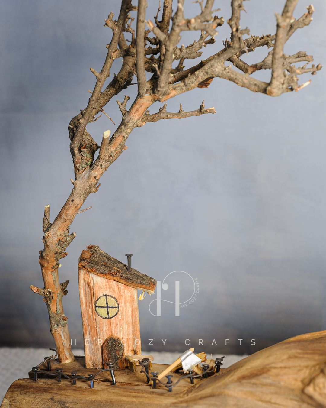 Twisted Knot Lamp - Organic driftwood base with cottage scene & wide jute shade - Image 4