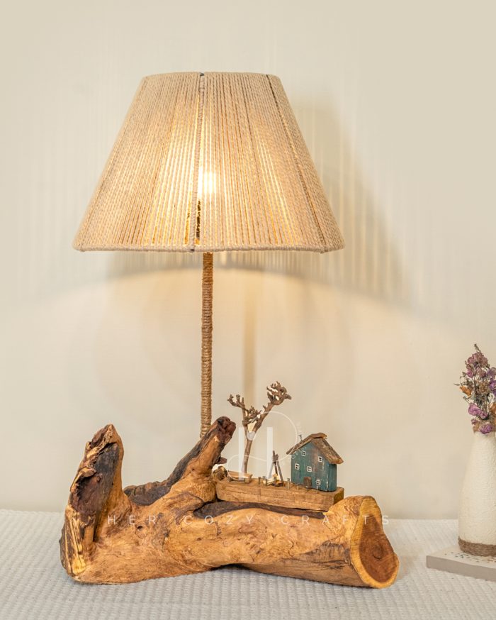 Harbor Green Lamp - Driftwood base with teal green cottage and handwoven jute shade