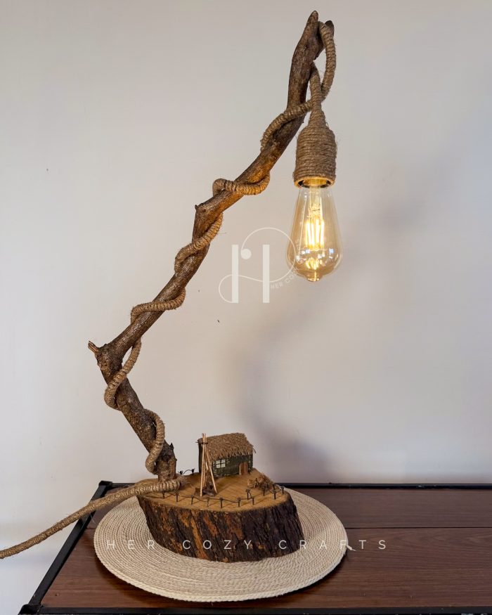 Crane Path Lamp - Handmade Driftwood lamp with long arm over tiny cottage yard