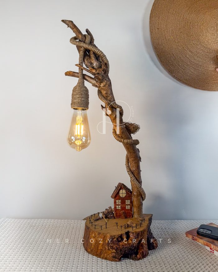 Lofted Curve Lamp - Curved branch with red cottage scene