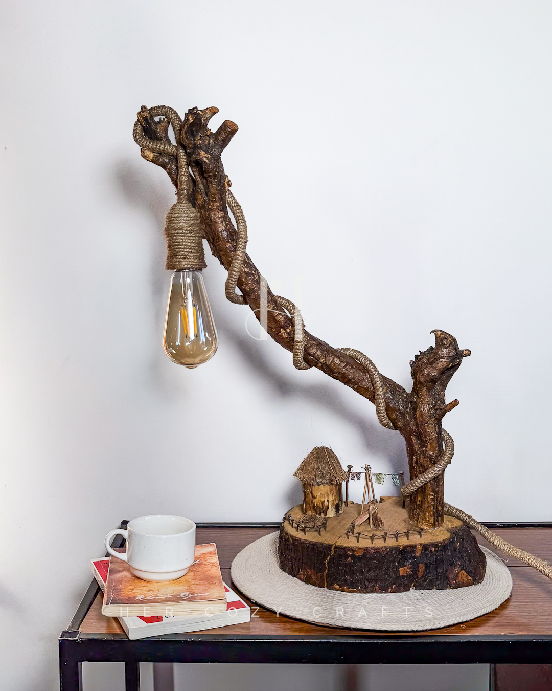 Courtyard Lamp - Arcing branch with mini outdoor setup